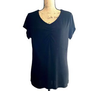 Chico's Travelers Black Slinky Blouse Short Sleeve Ruched Bust Size Large (2)